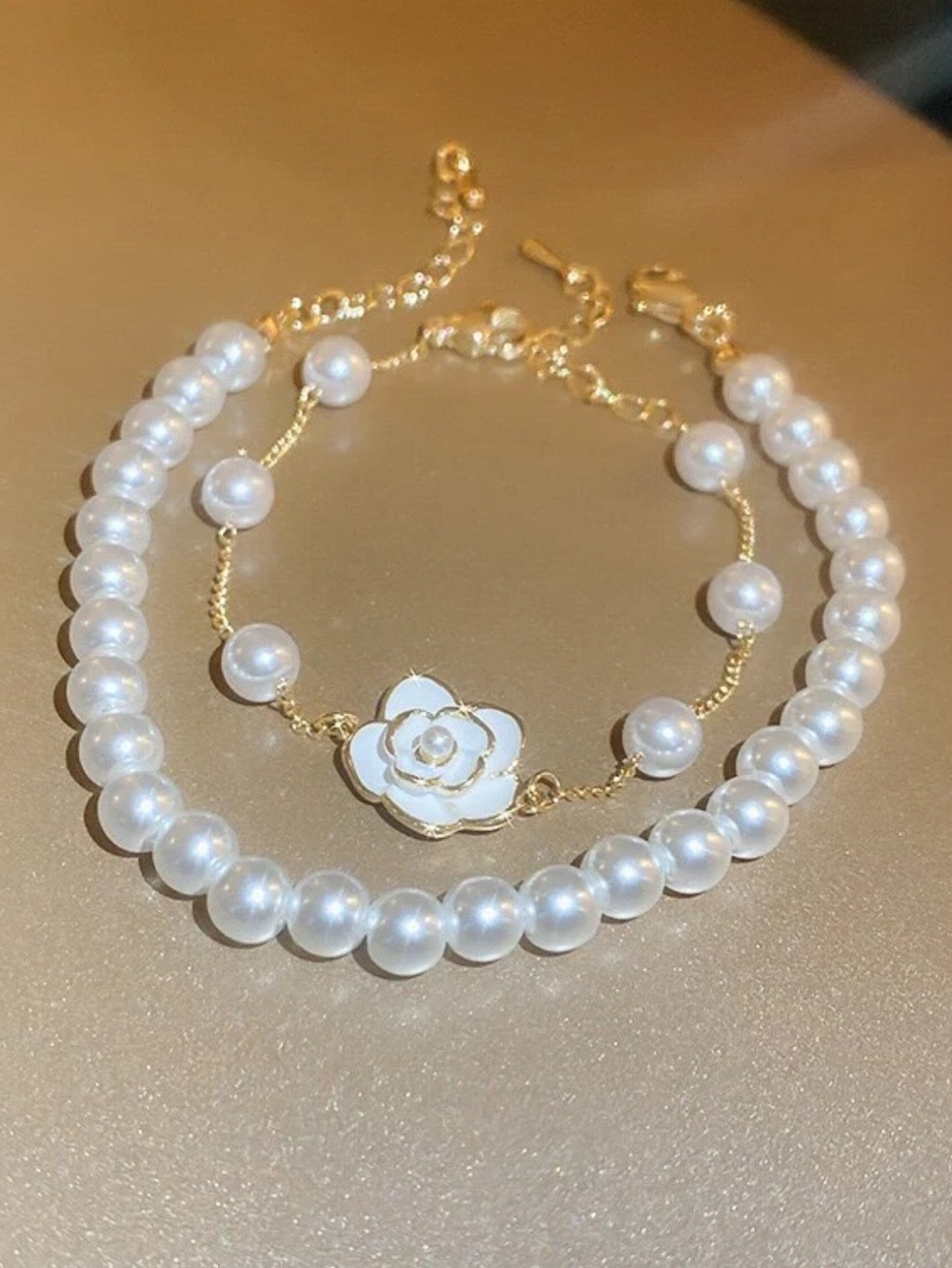 Pearl and Gold Flower Bracelet - White Pearls
